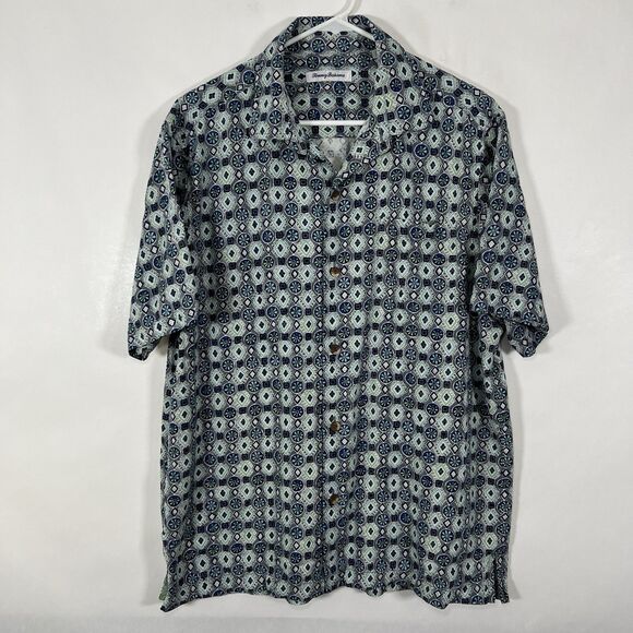 Tommy Bahama 100% Silk Hawaiian Shirt Mens Large Blue Geometric Button Up SS - Picture 1 of 13